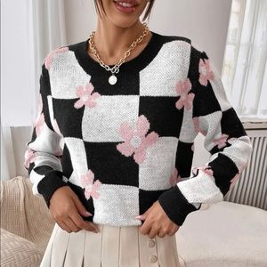 Floral and Checkered Pattern Sweater